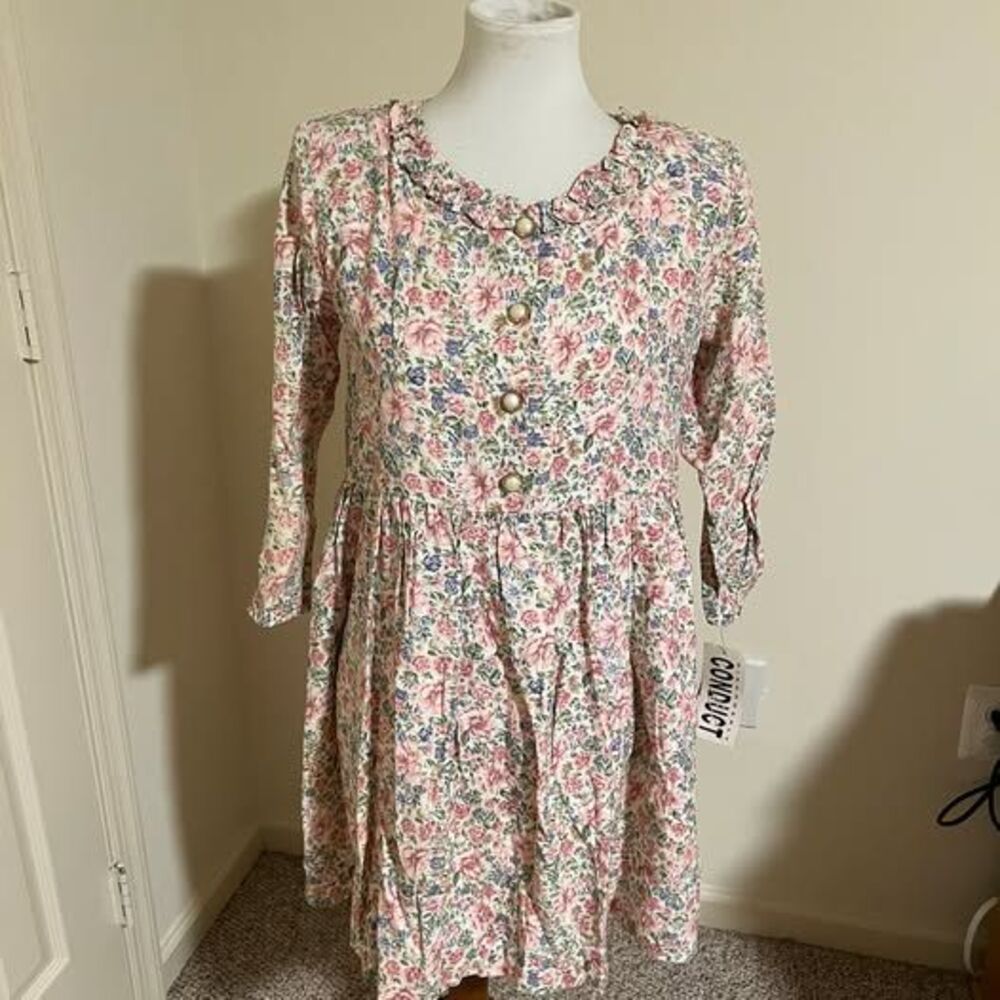 NWT Disorderly Conduct Floral Ruffle Neck Button Front Long Sleeve Dress 5/6